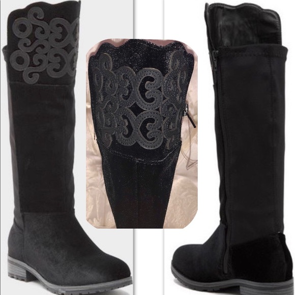 XOXO•GIRLS EMBROIDERED VELVET VAMP KNEE HIGH BOOTS - Picture 2 of 9